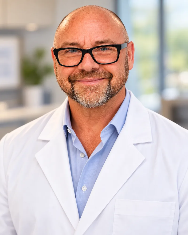 Matthew Moody in a white clinic coat and glasses, smiling in a modern clinical practice
