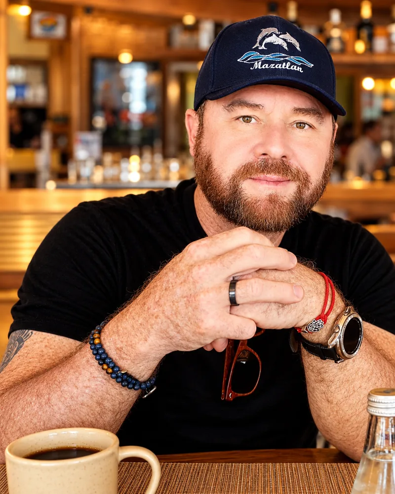 Matthew Moody seated at an outdoor café, relaxed portrait