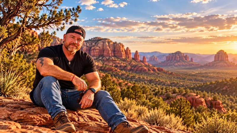Matthew Moody hiking a red rock trail at golden hour